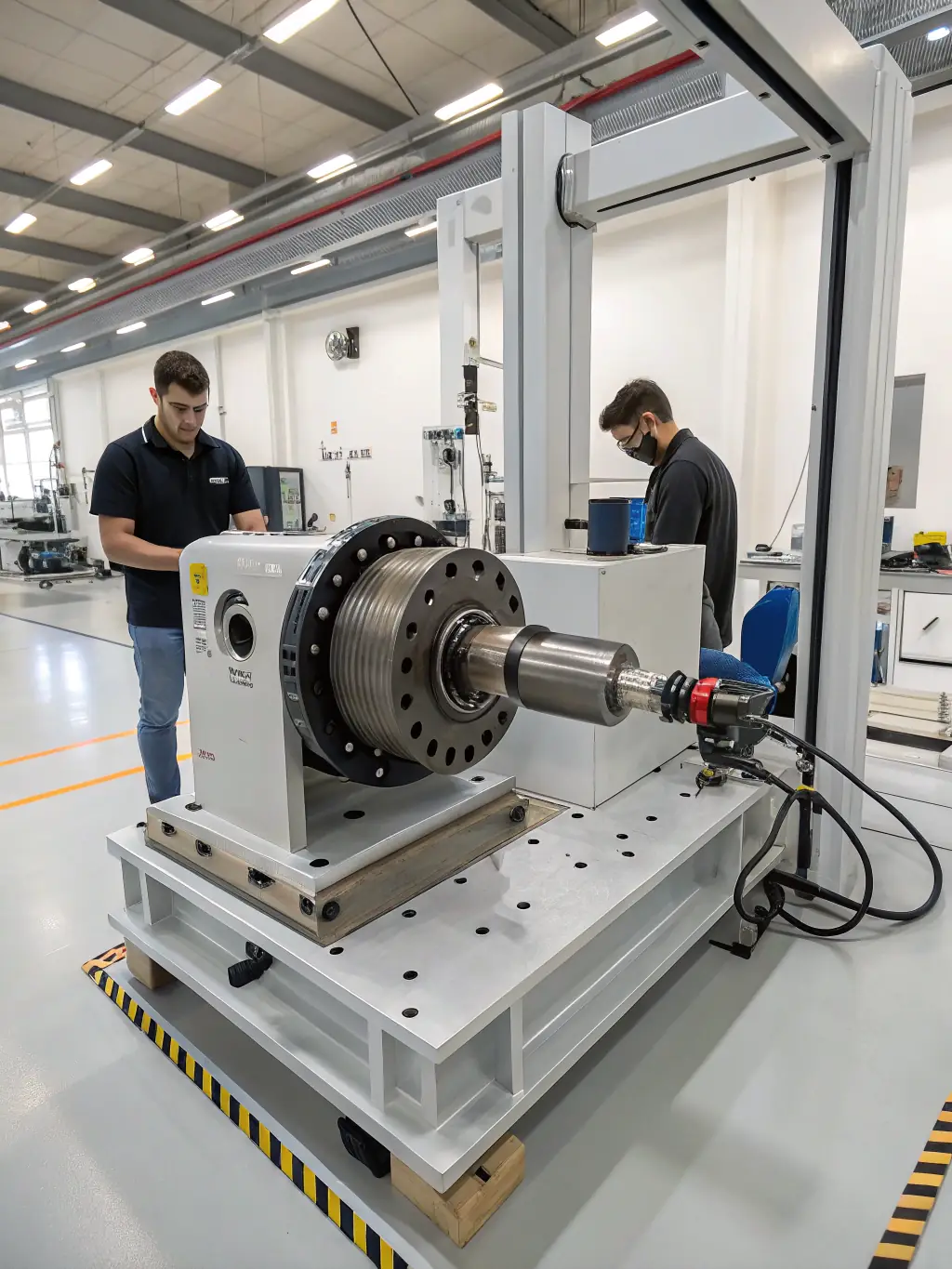 A detailed image of a massive ring gear mounted on a gear testing rig, showcasing its size and precision.