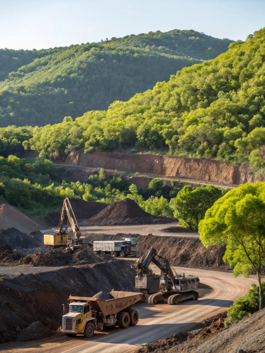 A wide-angle shot of a large open-pit mine with heavy machinery operating, focusing on the scale and industrial nature of the mining environment. The image should convey the demanding conditions where VELARIX's equipment is used.