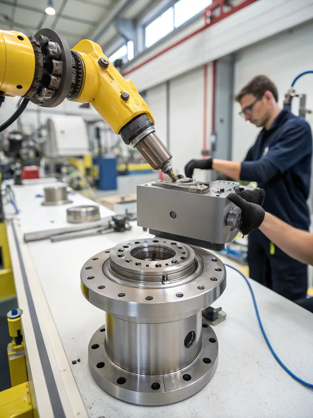 An image showcasing a large industrial gearbox installed in a processing plant, highlighting its robust construction.