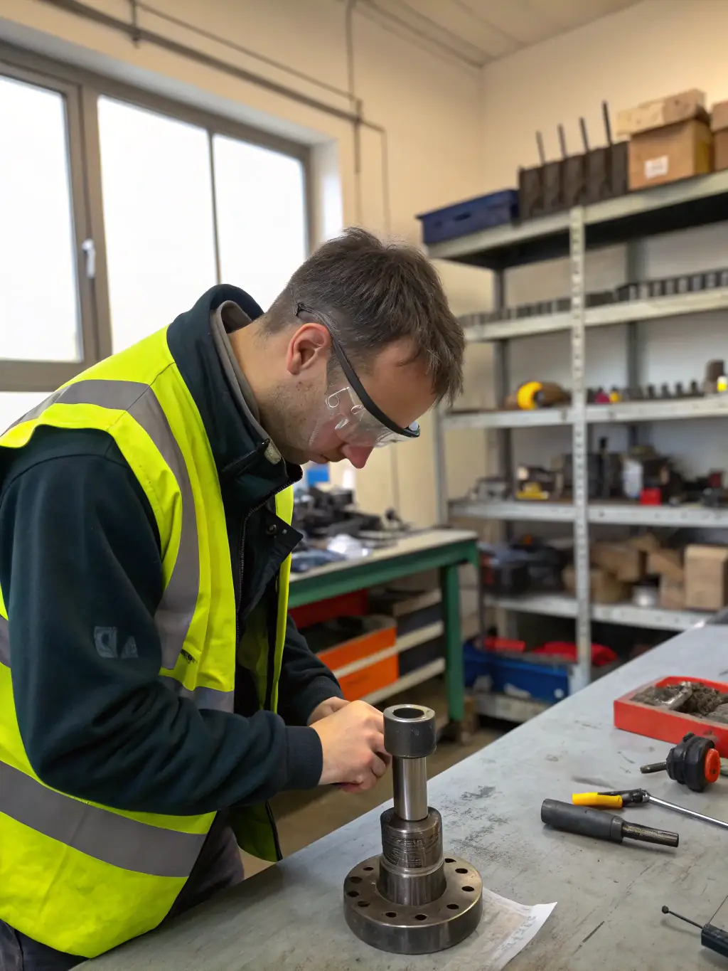 A high-resolution image of a VELARIX engineer inspecting a heavy gearbox with precision measuring tools, ensuring adherence to strict quality standards.